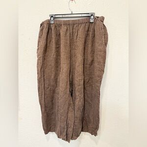 FLAX 100% Linen Wide Leg Pants Brown Elastic Waist Size 1G Made in Lithuania